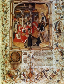 Jaume Marquilles delivers his book to the Consellers of Barcelona in the presence of King Alphons?