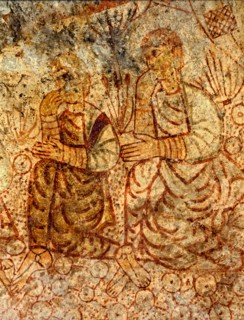 Mural painting from the apse of the church of Saint Michael, two persons contemplating Jesus' asc?