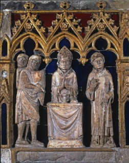 'Tomb of Saint Narcissus'. Front detail with Saint Narcissus saying Mass between warriors and an?