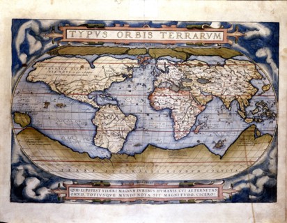 Theatrum Orbis Terrarum' of Abraham Ortelius, Amberes, 1574, world map 'Typus Orbis Terrarum'.