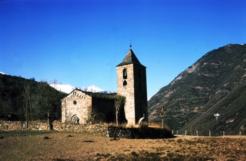 View of the Church of the Assumption in the village Coll de Tor built with large stone blocks.