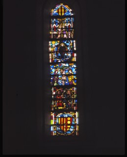 Stained glass window of the Chapter House of the Monastery of Santa Maria de Pedralbes in Barcelona.