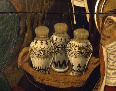 'Ceramics of the period', detail of the Transfiguration altarpiece, 1445-1452. Tempera on wood, ?