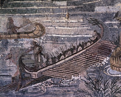 'Greek boat sailing the Nile River Delta', fragment of the Barberini mosaic. From the inferior s?