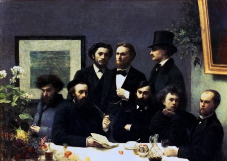 'Around the table'. P.Verlaine, A.Rimbud, L.Valade, E. d'Hervilly, C.Pelletan, E.Bonnier, E.Blém?