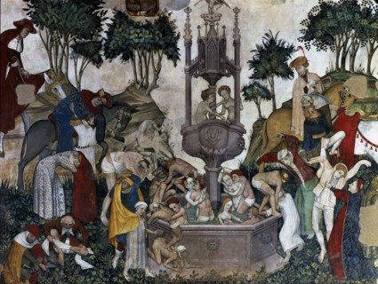 'The fountain after bathing in the Fountain of Youth'. Mural painting in the castle of the Duke ?