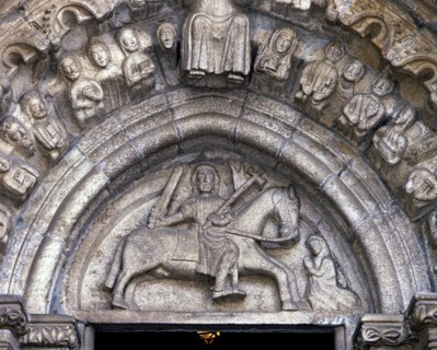 Detail of the tympanum with the image of Santiago on horseback at the Church of Santiago in Betan?