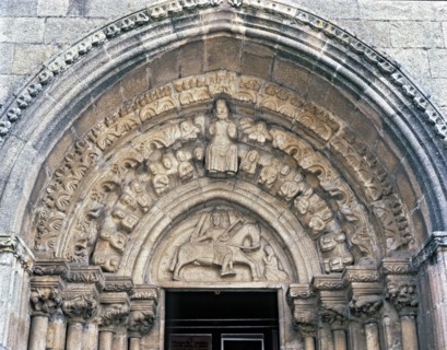 Church of Santiago, detail of the front door with sculpture of Santiago on horseback and Jesus Ch?