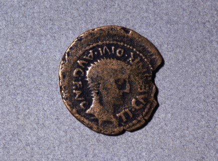 Roman coin from the first half of the first century AC, with a head facing right and the legend '?