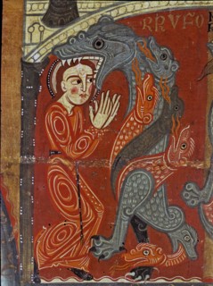Detail of the altar front in the chapel of Santa Margarita, with a scene of a dragon devouring th?