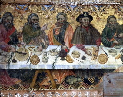 Holy Supper' tempera painting on wood by Jaume Ferrer, detail of the apostles in the left side.
