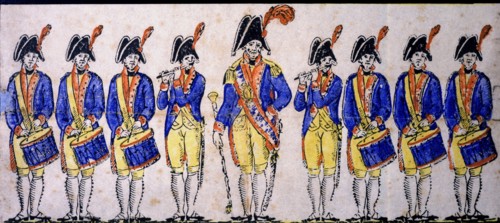 Reproduction of a cutout of a military music band, engraving, 1830s.
