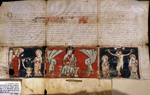 'Granting of indulgences to Virgin de la Rodona of Vic', parchment with an illustration at the b?