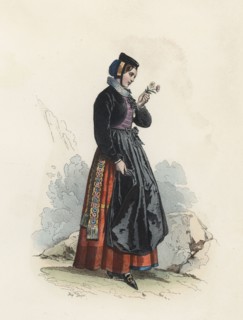 Young woman in the Canton of Fribourg (Switzerland), color engraving 1870.