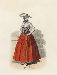 Dutch gardener woman, color engraving 1870.