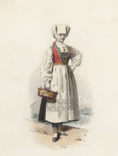 Young woman from Hardanger (Norway), color engraving 1870.