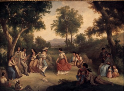 'Jarabe Tapatio', traditional dance of courtship, oil by Manuel J. Serrano.