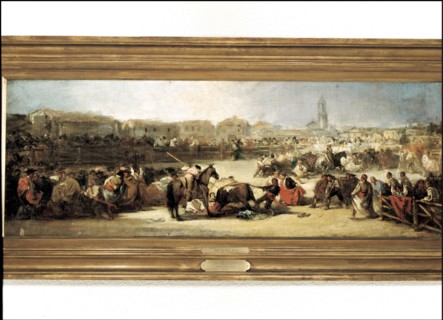 Bullfight in a village', oil on table.