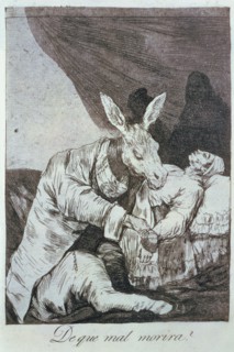 Los Caprichos, series of etchings by Francisco de Goya (1746-1828), plate 40: '¿De qué mal morirá?