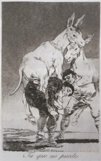 Los Caprichos, series of etchings by Francisco de Goya (1746-1828), plate 42: 'Tú que no puedes' ?
