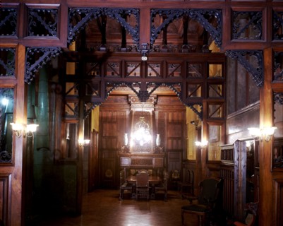 Perspective view of the main dining room of the Güell Palace with the original furniture, 1886-18?