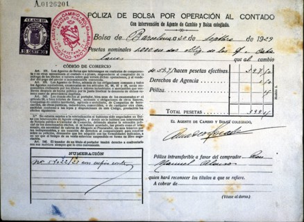 Stock policy by cash transaction issued in Barcelona in 1929, the document proves the ownership o?