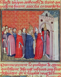 Charlemagne crowned Emperor of the West (800-814) enters in a church followed by prelates. Miniat?