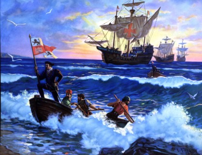 Time of arrival and landing of Columbus to the island of San Salvador in 1492, colored engraving.