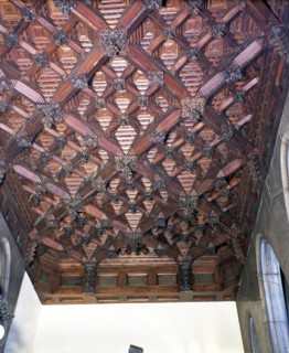 Wood coffered ceiling in one of the upstairs ceilings of the Güell Palace, built between 1886 and?