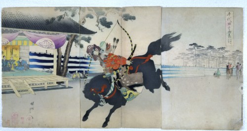 Archery at the samurai in the gardens of Chiyoda No Onmote-Yabusame Jyoran, popular card, 1897.