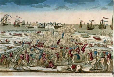 Invasion of Portugal. (1762). 'Taking of Salvatierra on September 16, 1762', colored engraving.