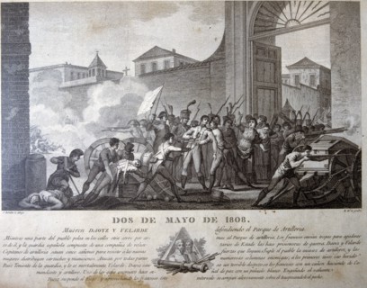 Independence War, death of Daoiz and Velarde in Monleón Park, Madrid, December 8, 1808, engraving.