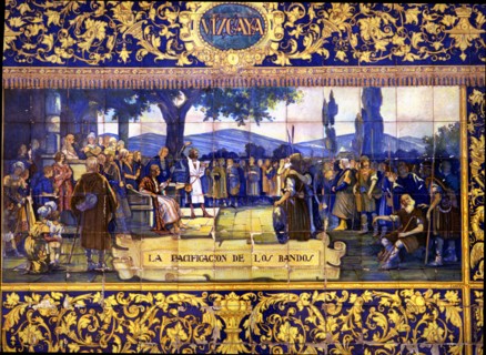 Pacification of Gamboino and Oñacino sides, before the magistrate Gonzalo Moro (1394), tile panel.