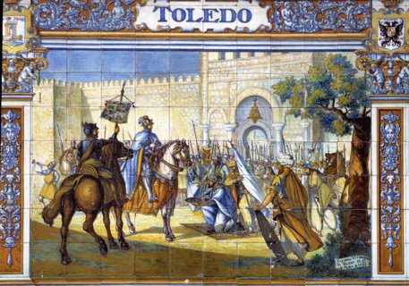 Conquest of Toledo by Alphonse VI of Castile, tile panels in the Spain square in Seville.