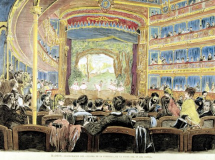 Inauguration of the Comedy Theatre in 1875, colored engraving 'La Ilustración Española y Americana'.