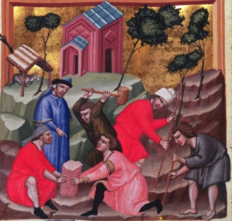 Masons and stonecutters, detail of the miniature in 'Codex Justinian Institutiones Feodorum et Al?