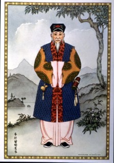 Image of a Chinese doctor of the early dynasties, carrying instruments to practice acupuncture.