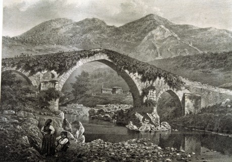 Bridge in Cangas de Onis on the River Sella and the hermitage of Santa Cruz, lithograph of the wo?