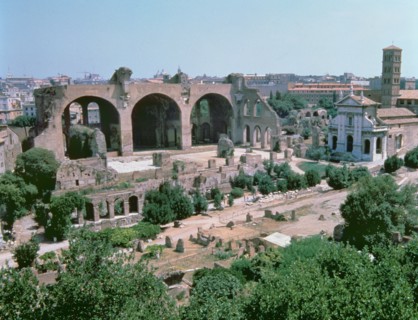 Overview of the forum with the Basilica of Constantine in Rome.