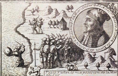 'Vasco Nunez takes possession of the South Sea', engraving from 1726, Vasco Nunez de Balboa, (14?