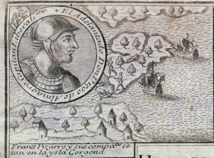 'Francisco Pizarro and his companions are on the Gorgona island', engraving from 1726, with the ?