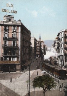 View of Balmes Street, Barcelona, at the end of 19th century, color postcard.