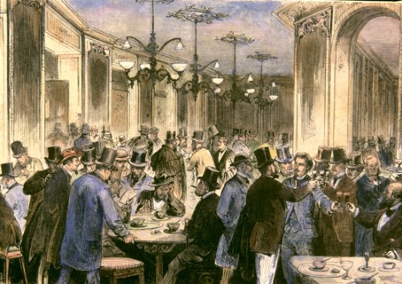 Café Swiss or Café of artists of Madrid, 1871, colored engraving in 'La Ilustración Española y Am?