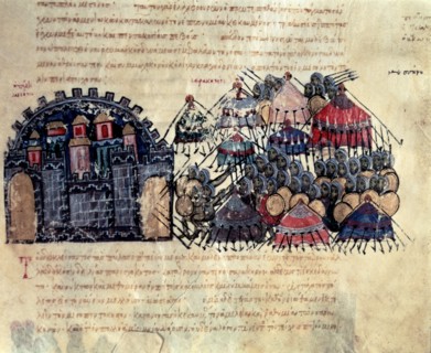 Byzantine besieging Messina, miniature in 'Scylitzes Matritensis', (facsimile edition of the orig?