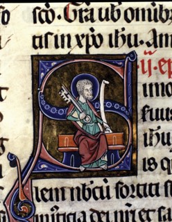 'San Pedro as a guard carrying the key to the Kingdom of Heaven' Illuminated capital letter of '?