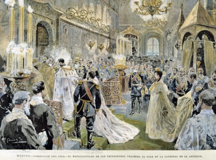 Coronation of Tsar Nicholas II at the Cathedral of the Assumption of Moscow' in 1894, engraving f?