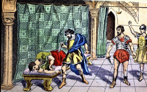 Death of the Visigothic king Ataulf by the same Goths in Barcelona in 415, drawing 1900.