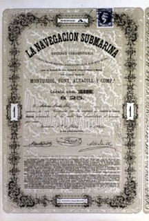 Document of 25 duros (Spanish coin) of the A Series of society 'La Navegación Submarina', constit?