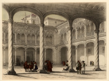 Cloister of the church of San Gregorio in Valladolid, with scene of life and traditional costumes?