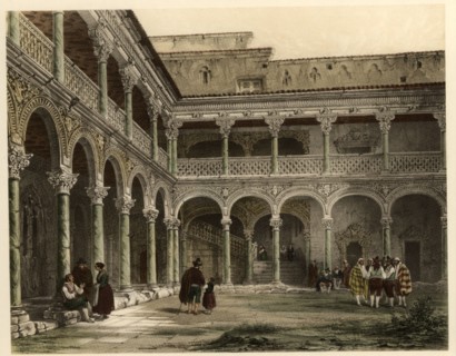 Courtyard of the archbishop Palace of Alcalá de Henares, with scene of life and traditional costu?